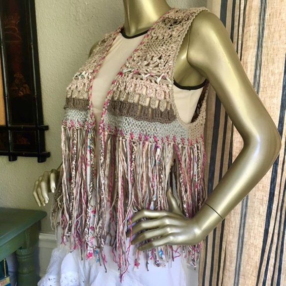 EUC Free People A Stitch In Time Crochet Knit Fringe Sweater Vest - Picture 7 of 10